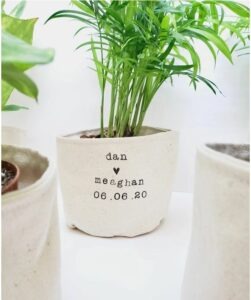A planter with the couple’s names and wedding date on it